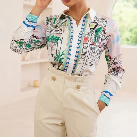 White Boho Womens Street View Print Button Up Shirt - Picture 4 of 5